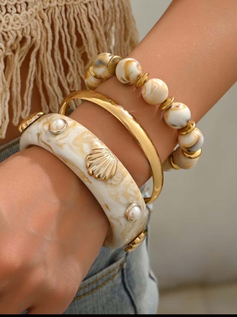 Boho Coastal Bracelet Stack Set – 3 Piece Resin & Beaded Bracelet Set
